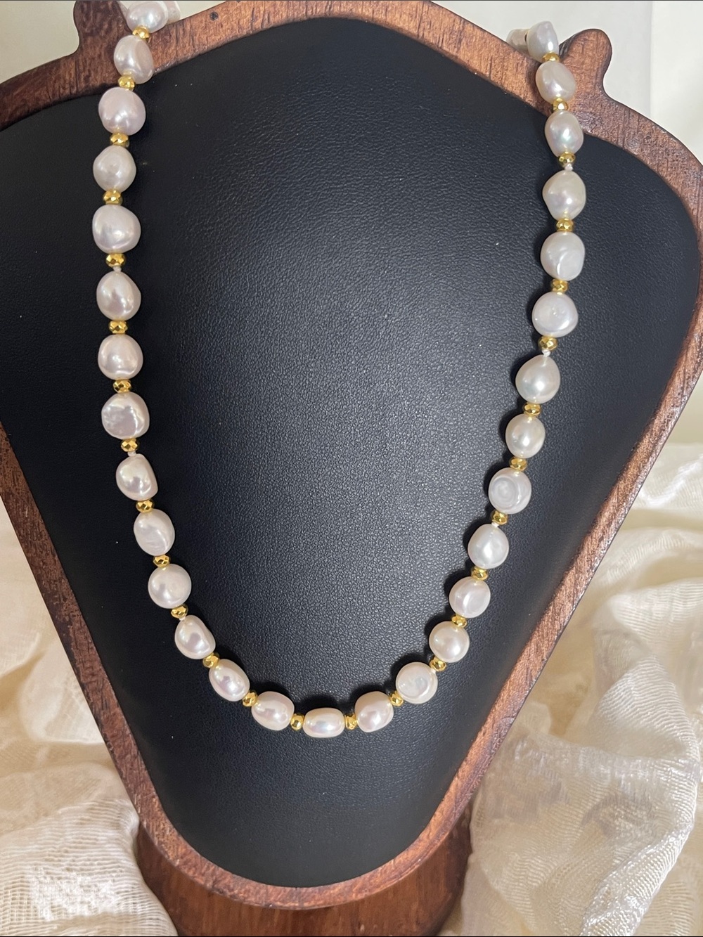 Lustrous White Freshwater Pearl Necklace with Gold Beads